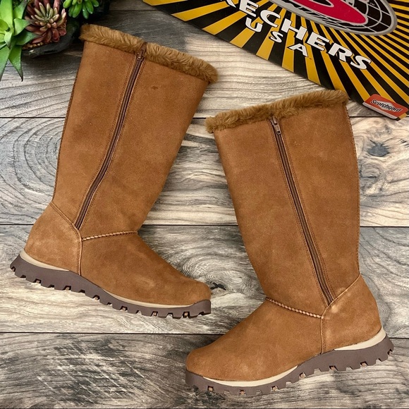 NIB Skechers Grand Jams Snowdrop Mid Calf Winter Boots Chestnut Suede - Picture 2 of 14